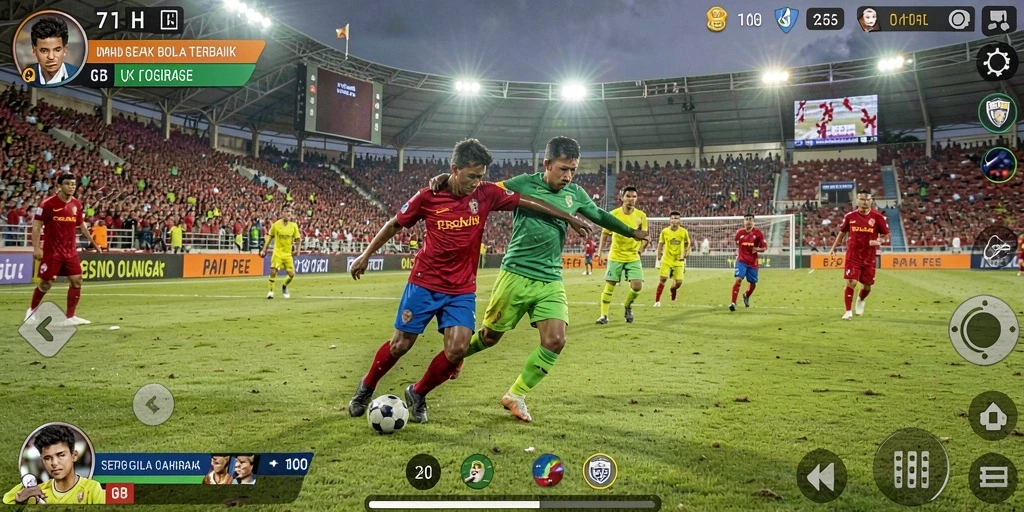 Tampilan gameplay sepak bola yang mendebarkan dan penuh aksi.