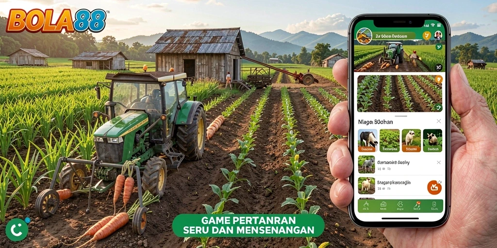 Tangkapan layar gameplay BOLA88 menampilkan ladang yang subur dan interaksi tanaman.