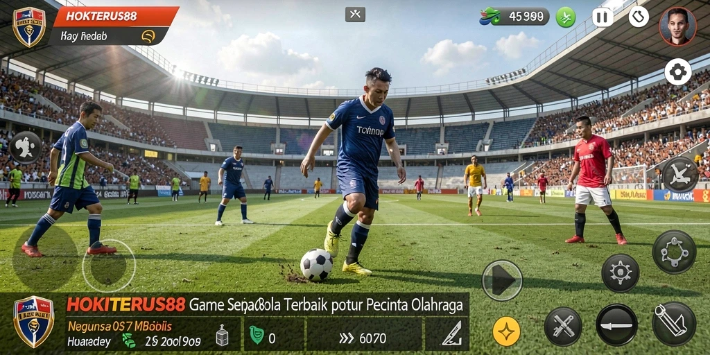 Screenshot gameplay HOKITERUS88 menampilkan aksi seru di lapangan sepak bola.