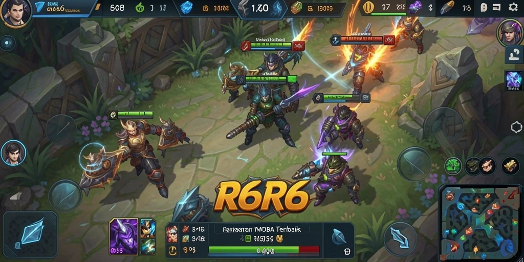 Screenshot R6R6 menunjukkan pertarungan epik di arena permainan MOBA.